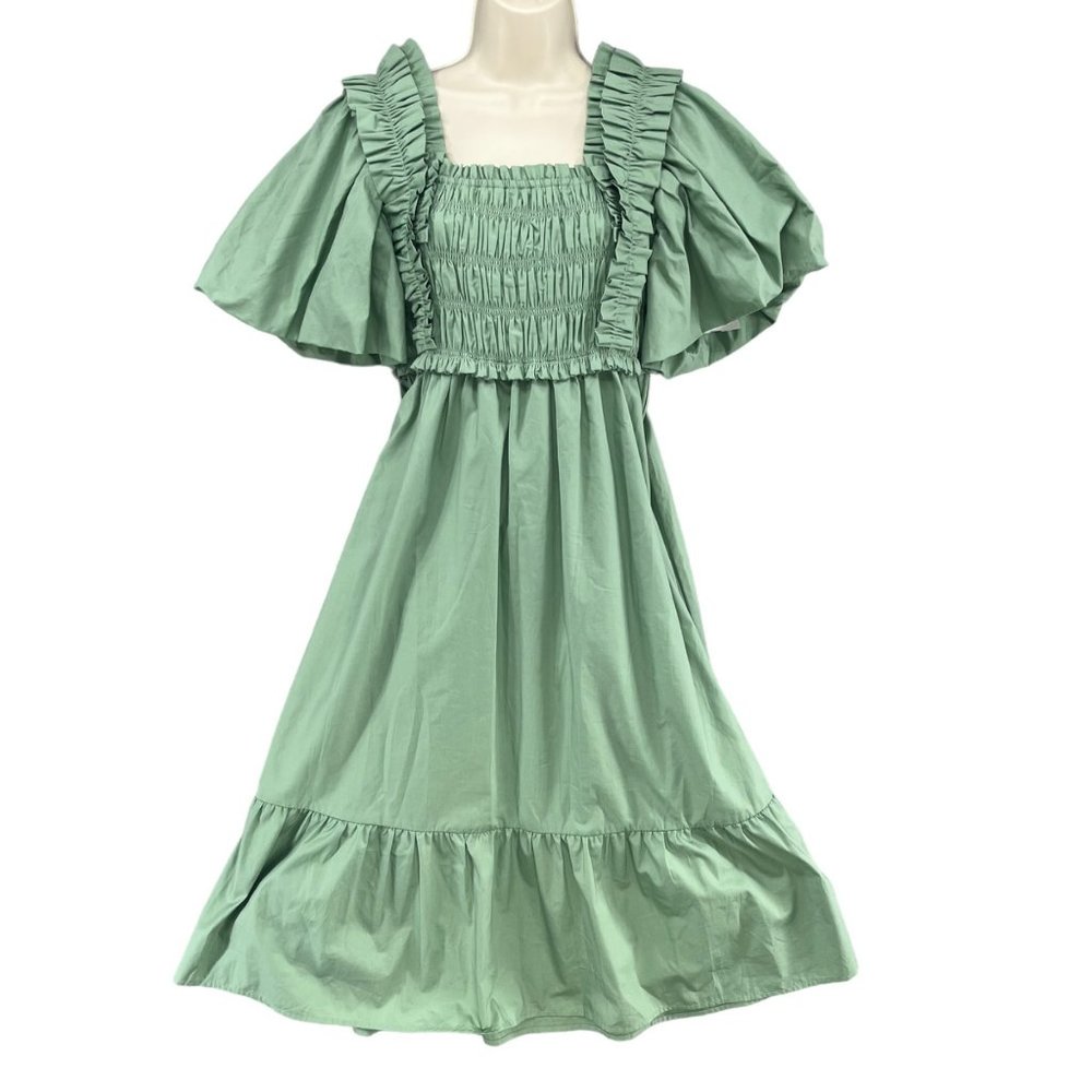 English Factory Noah Midi Dress Sage Green Puff Sleeve Bohemian Size S